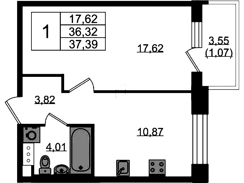 1-комнатная квартира 37.39 м², 4/5 эт., ЖК «Plus Пулковский»
